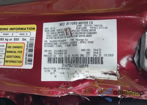 2016 Ford Fusion S z USA, uszkodzony, nr VIN 3FA6P0G77GR368099